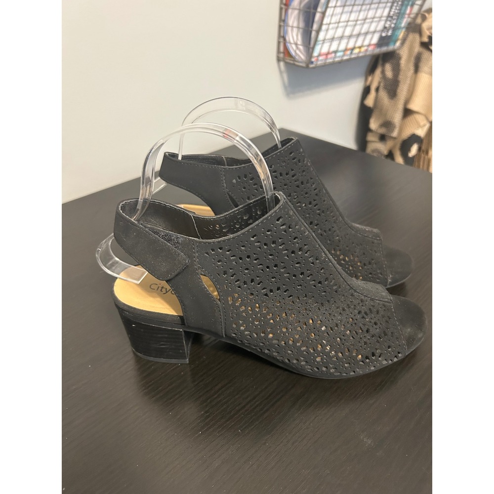 City Classified Black Laser‎ Cut Peep Toe Block Heel Slingback Booties Size 8.5